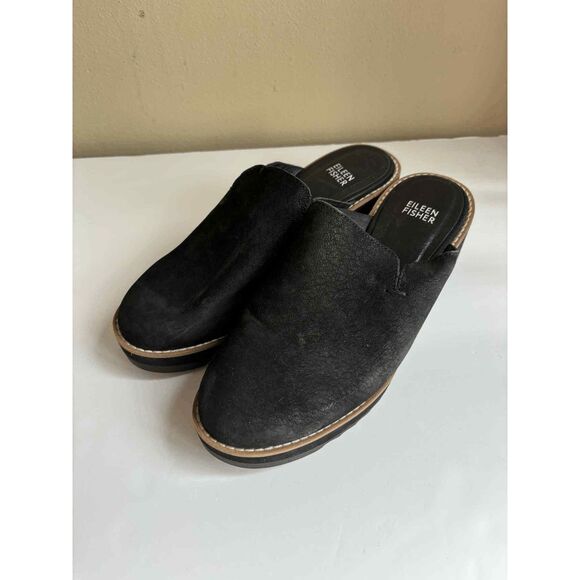 Eileen Fisher Loti Tumbled Nobuck Wedge Mule in Black Size 7.5 - Picture 1 of 6